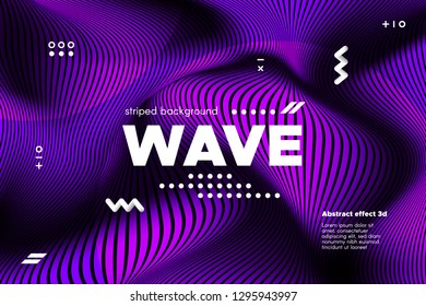 Abstract Violet Waves Concept. 3d Poster with Distorted Stripes. Linear Banner with Movement of Surface. Flow Background with Ripple. Modern Wave Cover for Business, Web Design, Flyer, Brochure.