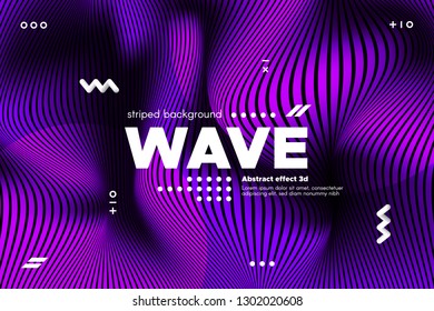 Abstract Violet Waves Concept. 3d Poster with Distorted Stripes. Linear Banner with Movement of Surface. Flow Background with Ripple. Modern Wave Cover for Business, Web Design, Flyer, Brochure.