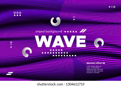 Abstract Violet Waves Concept. 3d Poster with Distorted Stripes. Linear Banner with Movement of Surface. Flow Background with Ripple. Modern Wave Cover for Business, Web Design, Flyer, Brochure.