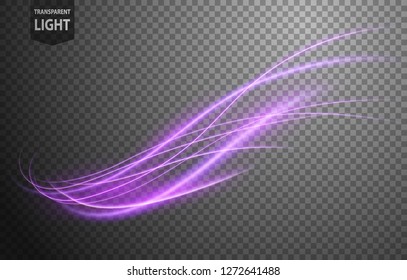 Abstract violet wavy line of light with a transparent background, isolated and easy to edit