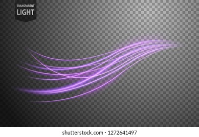 Abstract violet wavy line of light with a transparent background, isolated and easy to edit