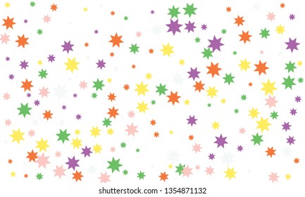 Abstract violet, yellow and blue stylish background of falling stars on white paper. Pattern for Christmas and New Year card, invitation for dinner, paper packaging. Vector illustration, EPS 10.