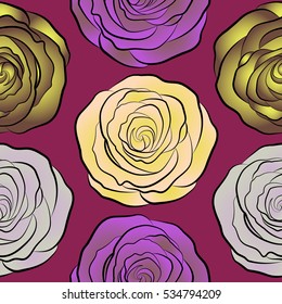 Abstract violet, yellow and neutral english roses seamless pattern.