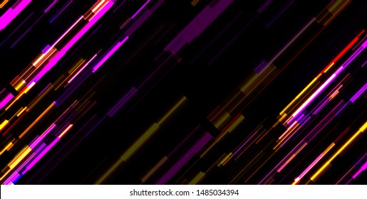Abstract violet yellow tech glowing neon lines background. Laser glitch effect retro graphic design. Vector futuristic illustration