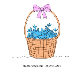 Abstract violets, forget-me-nots flowers in a wicker basket with a bow, continuous single one line art drawing sketch, logo