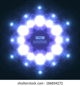 Abstract violet-white glowing hexagon mandala or symmetrical cosmic fractal on black space background. Shiny kaleidoscope ornament for futuristic vector banner decoration