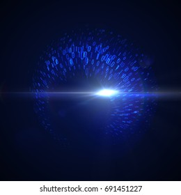 Abstract virtual digital flow of binary code particles. Futuristic vector illustration with flowing digits 1, 0. Neon glowing cloud structure. Cryptography or virtual security concept.