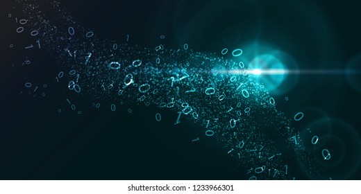 Abstract virtual digital stream. Flowing binary code and neon glowing wave. Storage cloud structure. Big data transfer concepts in internet. Graphic concept for your design.