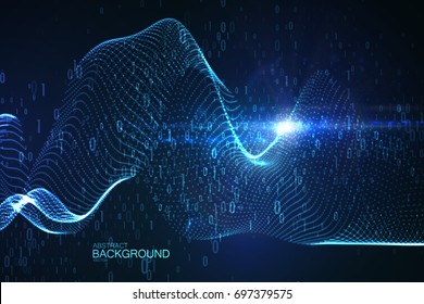 Abstract virtual digital stream. Futuristic vector illustration with flowing binary code and neon glowing wave. Storage cloud structure. Data transfer or signal transmission concept.