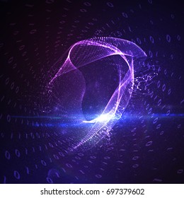 Abstract virtual digital tunnel. Futuristic vector illustration with flowing binary code and neon glowing substance. Information transfer, data transformation or signal transmission concept.