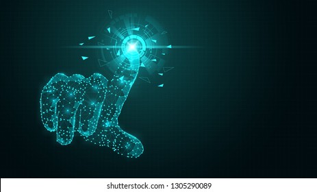 La mano virtual futurista abstracta toca la interfaz de círculo en el fondo azul del ciberespacio con poco polo, polígono y triángulo. Concepto de tecnología de toque de dedos con puntos, círculos y líneas.