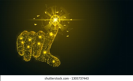 Abstract virtual futuristic Hand touch the circle interface on  Cyberspace background with low-poly, polygon and triangle. Point finger touching technology concept with dots, circles and lines.
