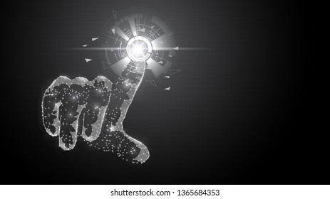 Abstract virtual futuristic Hand touch the circle interface on blue cyberspace background with low-poly, polygon and triangle. Point finger touching technology concept 