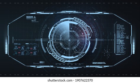 Abstract Virtual Graphic Touch User Interface.  Sky-fi Helmet With Futuristic Interface. Military Radar Screen Dashboard. Interactive Target Capture System. VR View. Head Up Display, Cockpit Center.