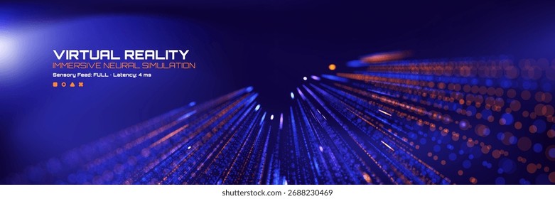Abstraktes immersives neuronales Simulationskonzept mit sensorischen Daten in virtueller Realität. Digitaler Technologie-Hintergrund für metaverse Design.
