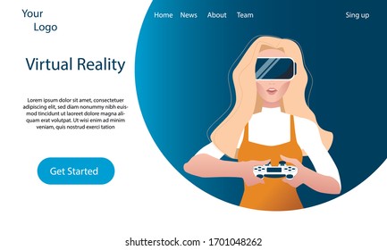 Abstract virtual reality landing page. Gamer girl website tamplate. Virtual reality VR technology concept.
