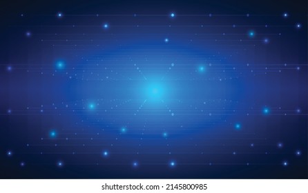 Abstract Virtual Reality Rectangular Tunnel Perspective Grid Array Vector. Dark Blue Empty Space Dot Line Structure with Star Glow Illustration.