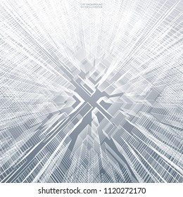Abstract virtual zoom of wireframe for backgroumd. Perspective 3D render of building wireframe. Vector illustration.