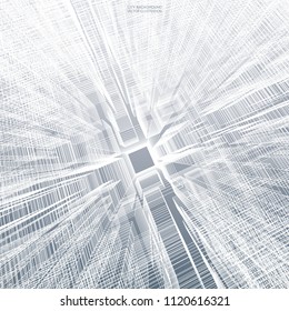 Abstract virtual zoom of wireframe for backgroumd. Perspective 3D render of building wireframe. Vector illustration.