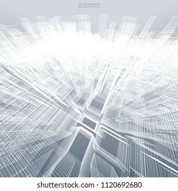 Abstract virtual zoom of wireframe for backgroumd. Perspective 3D render of building wireframe. Vector illustration.