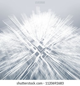 Abstract virtual zoom of wireframe for backgroumd. Perspective 3D render of building wireframe. Vector illustration.