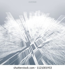 Abstract virtual zoom of wireframe for backgroumd. Perspective 3D render of building wireframe. Vector illustration.