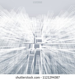 Abstract virtual zoom of wireframe for backgroumd. Perspective 3D render of building wireframe. Vector illustration.