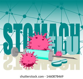 Abstract virus image on backdrop and Stomach flu text. Stomach virus danger relative illustration. Medical research theme. Virus epidemic alert
