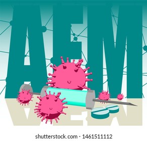 Abstract virus image on backdrop and AFM text. AFM virus danger relative illustration. Medical research theme. Virus epidemic alert. Acronym AFM - Acute flaccid myelitis