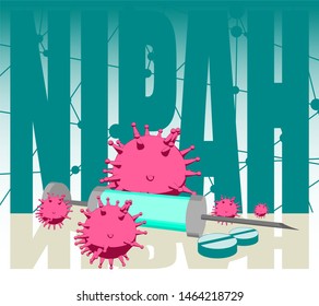Abstract virus image on backdrop and Nipah text. Nipah virus danger relative illustration. Medical research theme. Virus epidemic alert