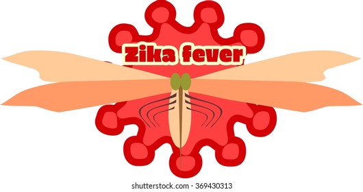 Abstract virus image on backdrop and zika fever text. Cartoon mosquito. Zika virus danger relative vector illustration