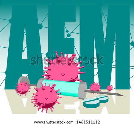 Abstract virus image on backdrop and AFM text. AFM virus danger relative illustration. Medical research theme. Virus epidemic alert. Acronym AFM - Acute flaccid myelitis