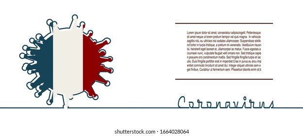 Abstract virus silhouette and Coronavirus text in thin line style. Coronavirus virus danger relative illustration. Medical research theme. Virus epidemic alert. Flag of the France