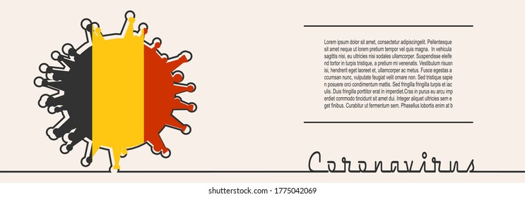 Abstract virus silhouette and Coronavirus text in thin line style. Coronavirus virus danger relative illustration. Medical research theme. Virus epidemic alert. Flag of the Belgium