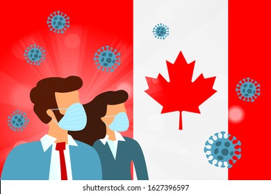 Abstract virus strain model COVID-19 Novel coronavirus 2019-nCoV with woman and man in suit with blue medical face mask on Canadian  flag. Wuhan pneumonia outbreak. Flu Pandemic Protection Concept