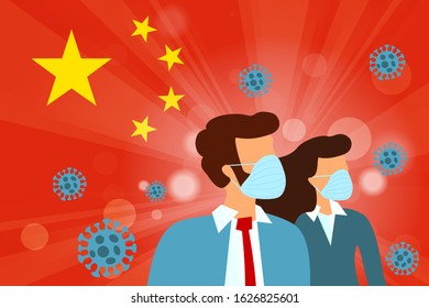 Abstract virus strain model Novel coronavirus 2019-nCoV with woman and man with blue medical face mask on China flag. Wuhan pneumonia outbreak on red background. Flu Pandemic Protection Concept
