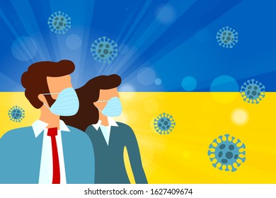 Abstract virus strain model Novel coronavirus 2019-nCoV with woman and man in suit with blue medical face mask on Ukrainian flag. Wuhan pneumonia outbreak. Flu Pandemic Protection Concept