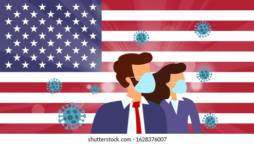 Abstract virus strain model Novel coronavirus 2019-nCoV with woman and man in suit with blue medical face mask on USA flag. Wuhan pneumonia outbreak on red background. Flu Pandemic Protection Concept