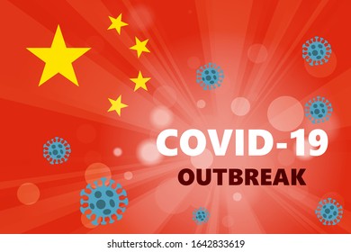Abstract virus strain model Novel coronavirus 2019-nCoV with text COVID-19 outbreak on red background. Pneumonia Pandemic Protection Concept