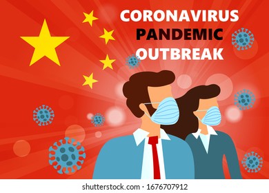 Abstract virus strain model Novel coronavirus disease 2019-nCoV with woman and man in suit with blue medical face mask on China flag. Flu Virus CVID-19 pabdemic outbreak on red background