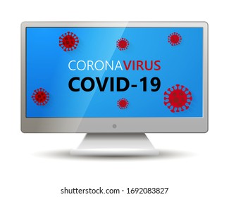 Abstract virus strain model Novel coronavirus COVID-19 on blue background on monitor screen of grey monoblock. Novel Corona Virus Disease 2019-nCov Pandemic 