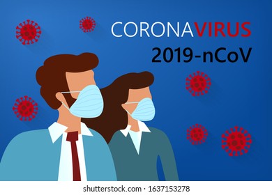 Abstract virus strain model Omicron new COVID19 variant Novel coronavirus 2019-nCoV with woman and man in suit with blue medical face mask. Concept of coronavirus quarantine.