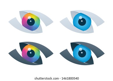 Abstract vision symbols with colorful eyeballs. Media vector icons.