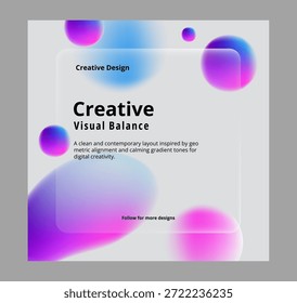 O design de equilíbrio visual abstrato apresenta um painel de vidro fosco em camadas sobre bolhas de gradiente suaves e vibrantes em tons de roxo e azul, promovendo conceitos criativos de design digital por meio de tipografia clara.