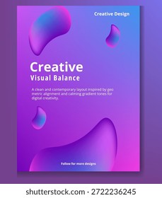 Abstract visual balance flyer showcases a clean contemporary layout inspired by geometric alignment utilizing calming purple and blue gradient tones for impactful digital creativity promotion.