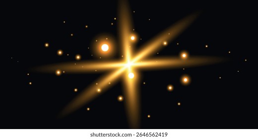 abstract visual effect with a golden cross-shaped light ray on a dark background surrounded by small light dots

