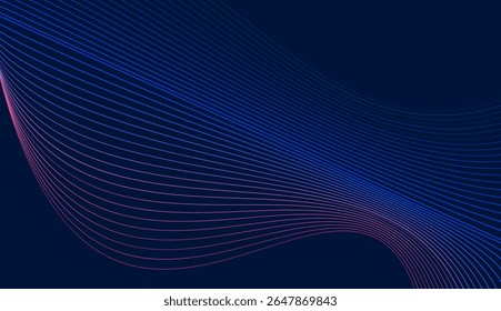 Abstract visual featuring a graceful. Pattern of parallel lines in a vibrant gradient deep blue to subtle teal. Minimalist background for connectivity, data and modern technology.