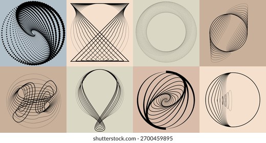 Abstract visual harmony of circles and curved lines , perfect for digital branding. Linear circular art with balanced curves ideal for posters, packaging and web design. Vector rotational shapes set.