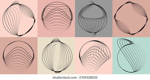 Abstract visual harmony of circles and curved lines , perfect for digital branding. Linear circular art with balanced curves ideal for posters, packaging and web design. Vector rotational shapes set.