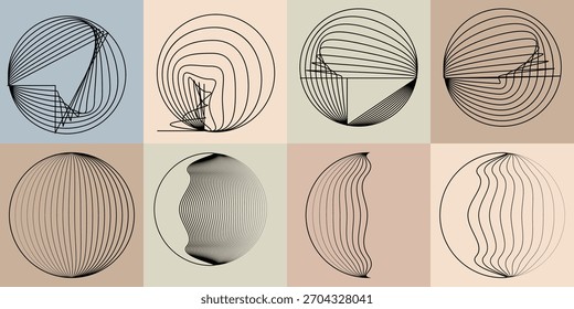 Abstract visual harmony of circles and curved lines , perfect for digital branding. Linear circular art with balanced curves ideal for posters, packaging and web design. Vector rotational shapes set.